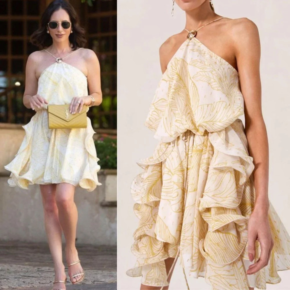 Alexis Dresses & Skirts - Alexis Asia Yellow Floral Ruffle Halter Mini Dress in Golden Palms